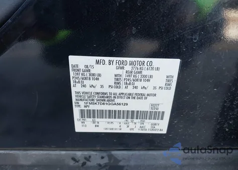 2016 Ford Explorer Xlt z USA, uszkodzony, nr VIN 1FM5K7D81GGA56129